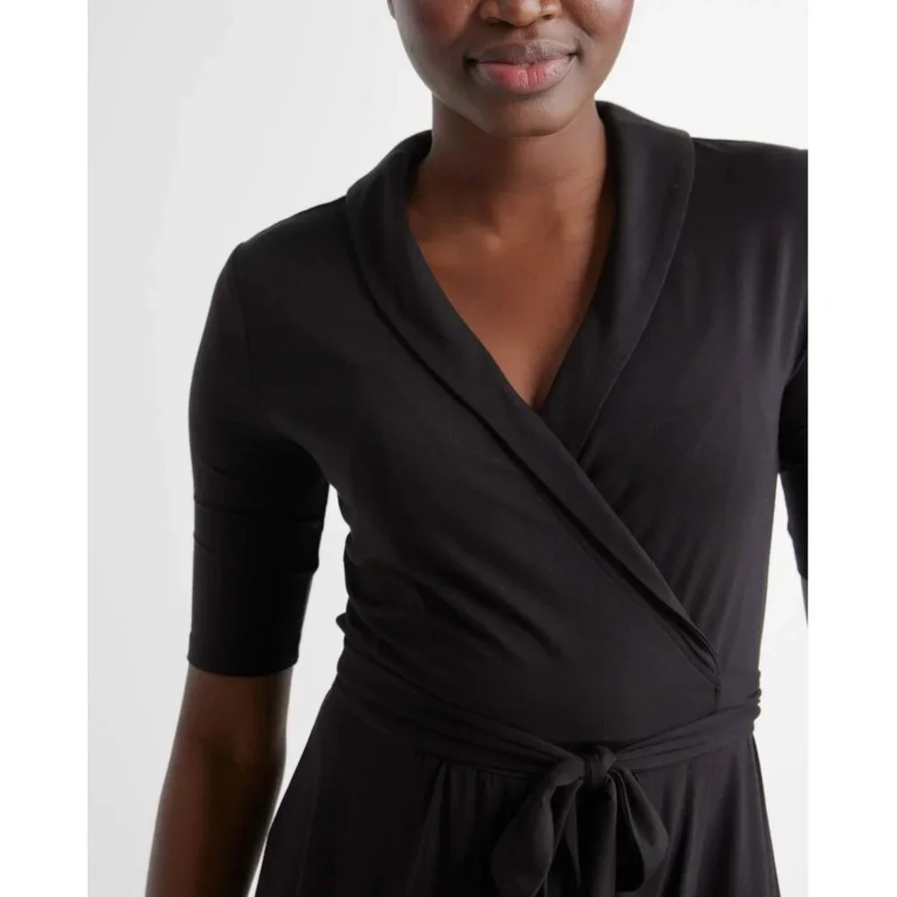 Quince Tencel Jersey Midi Wrap Dress XL Black - Picture 2 of 4